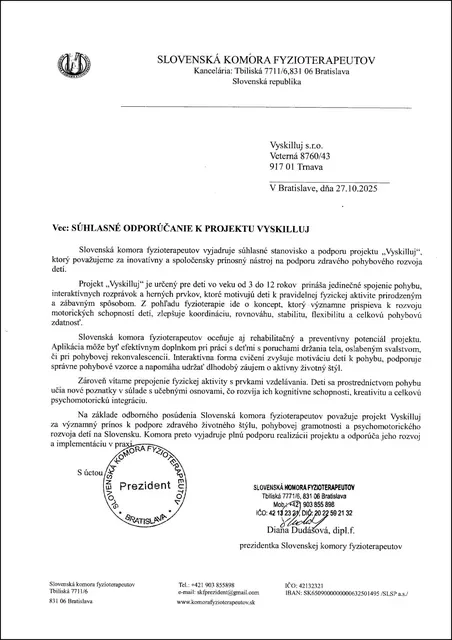 Súhlasné stanovisko Slovenskej komory fyzioterapeutov — naskenovaný list